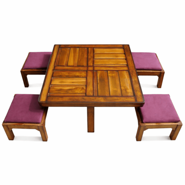 Wooden Table Set With Purple Cushions