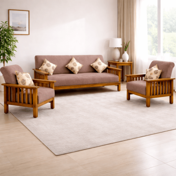 Teak Colour 5-seater Wooden Sofa Set