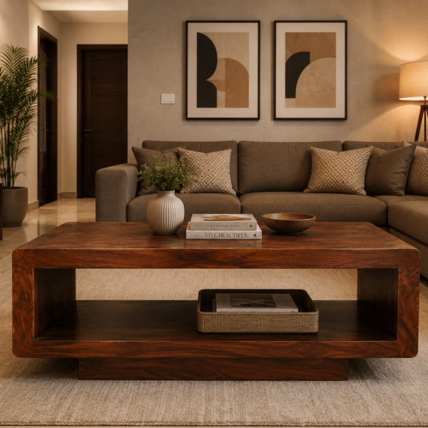 Premium Solid Sheesham Wood Coffee Table with Open Storage Shelf