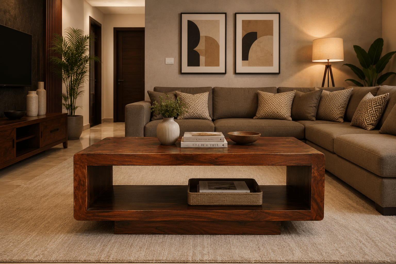 Premium Solid Sheesham Wood Coffee Table with Open Storage Shelf